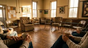 Community support group meeting space in Jeffersonville, Indiana with chairs arranged in circle and natural window light