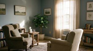 Two comfortable chairs in a softly lit counseling office with natural light, creating a calm and welcoming space for mental health conversations