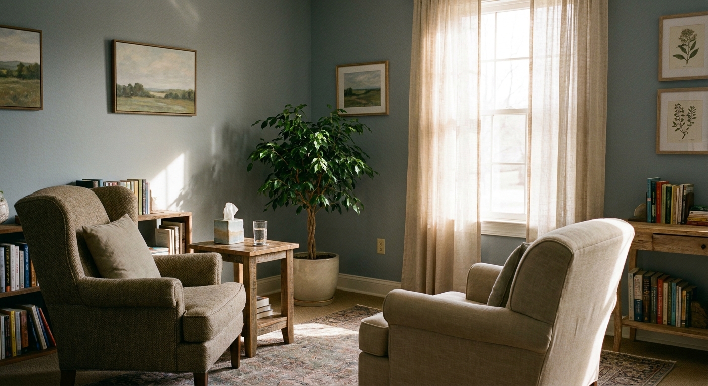 Two comfortable chairs in a softly lit counseling office with natural light, creating a calm and welcoming space for mental health conversations