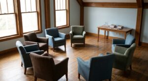 Empty circle of chairs in a sunlit group therapy room at mental health treatment center