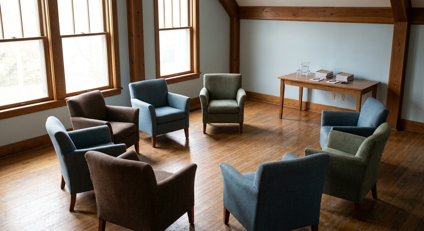 Empty circle of chairs in a sunlit group therapy room at mental health treatment center