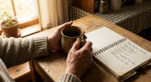 Person's hands holding mug at kitchen table with open notebook in morning light, representing daily routine and gradual progress in mental health treatment