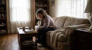 Person sitting contemplatively on couch in naturally lit living room, representing the daily reality of living with mental health challenges